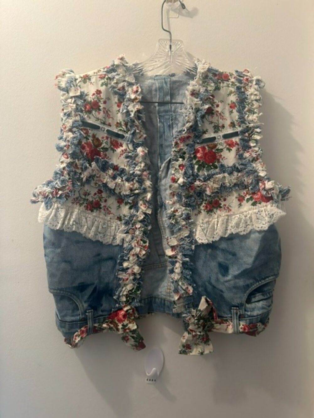 One of a Kind Upcycled Handcrafted Floral Lace Ribbon Distressed Denim Vest - Picture 16 of 16